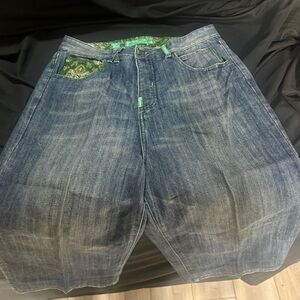 Dark Blue Denim Shorts with Green Accent-LRG-Y2K era denim-size 34-#569